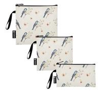RPLIFE Lot de 3 sacs à goûter et à sandwich réutilisables avec fermeture éclair pour étudiants Motif oiseaux aquarelle Beige