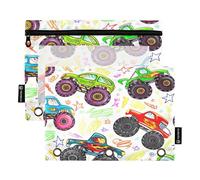 RPLIFE Monster Trucks Lot de 2 pochettes à stylos colorées à fermeture éclair pour enfants, pochette avant transparente pour garçons et filles, 24 x 17 cm (taille unique x 2)