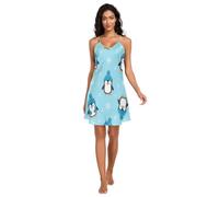 RPLIFE Nuisette intégrale à bretelles spaghetti réglables et col en V pour femme Motif pingouins Bleu, Pingouins mignons de dessins animés bleus, L
