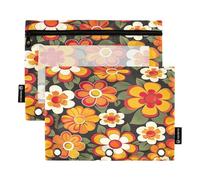 RPLIFE Orange Rétro Hippie Floral 2 Pack Binder Pouch for Kids School, Clear Bag Zipper Pouch for Garçons Filles, 9.8″ × 7″