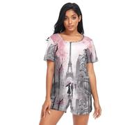 RPLIFE Painting People Strolling Through Paris Parapluies Ensemble de pyjama pour femme, ensemble assorti à manches courtes, Peindre des gens se promenant dans les parapluies de Paris, XL