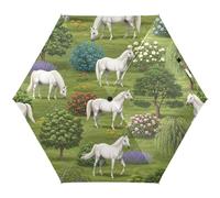 RPLIFE Parapluie compact vert avec chevaux blancs et fleurs, léger et durable pour le soleil pour femme, parapluies de voyage pour le soleil