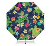 RPLIFE Parapluie de voyage coupe-vent, parapluie compact pour voyage, ouverture automatique, sac à dos, sac à main, idéal pour les femmes, tortues vertes, fleurs tropicales, bleu