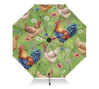 RPLIFE Parapluie de voyage coupe-vent, pliable, compact, ouverture automatique, sac à dos, sac à main, idéal pour les femmes, motif coq rétro, fleurs sauvages, vert