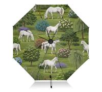 RPLIFE Parapluie pour pluie, coupe-vent, compact, idéal pour voiture, sac à main, homme et femme, chevaux blancs, fleurs, vert