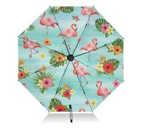 RPLIFE Parapluie vert avec fleurs tropicales, flamants roses, pour la pluie, léger et durable, ouverture automatique pour femme, parapluie de voyage pour la pluie et le soleil