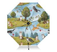 RPLIFE Parapluies pour pluie, coupe-vent, pour pluie, compact, idéal pour voiture, sac à main, homme et femme, chats, ciel bleu, arbres, fleurs