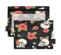 RPLIFE Pochette à fermeture éclair avec fenêtre transparente, lot de 2 trousses à crayons à fermeture éclair pour filles, fournitures scolaires, 24 x 17 cm, crânes vintage, fleurs d'hibiscus, feuilles
