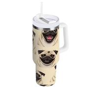RPLIFE Pugs Facial Expressions Gobelet de 1200 ml avec poignée, bouteille d'eau en acier inoxydable avec paille, gobelet à café