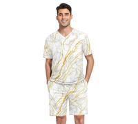 RPLIFE Pyjama 2 pièces pour homme à manches courtes avec poches, col en V, vêtements de nuit avec poches, S-XXL, Texture marbre veines dorées blanches, XXL