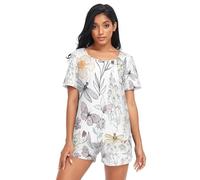 RPLIFE Pyjama court doux et confortable pour femme, motif floral et insectes, blanc, Insecte floral doux blanc, XL
