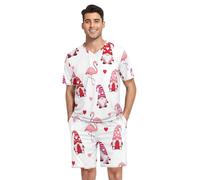 RPLIFE Pyjama d'été à manches courtes pour homme avec bonnets mignons et col en V avec poches, Jolis gnomes chapeaux cœurs, XXL