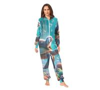 RPLIFE Pyjama grenouillère en peluche à capuche motif loutre de tortue de mer pour homme et femme, Tortue de mer loutre mignonne, XS