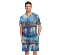 RPLIFE Pyjama pour homme à manches courtes et col en V avec poches, S-XXL, Nuit étoilée Londres, M