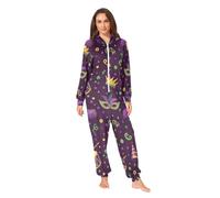 RPLIFE Pyjama rétro Mardi Gras violet pour adulte, combinaison une pièce en peluche douce avec fermeture éclair pour homme et femme, Rétro Mardi Gras Violet (2), X-Large