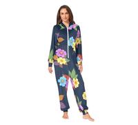 RPLIFE Pyjama une pièce bleu à fleurs colorées, pyjama chaud pour femme adulte, Fleurs colorées bleues, Large