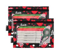 RPLIFE Red Hearts Lot de 2 trousses à crayons à 3 trous pour l'école des enfants, pochette transparente à fermeture éclair pour garçons et filles, 24 x 17 cm