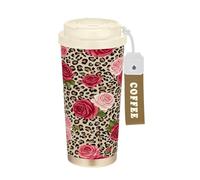 RPLIFE Red Roses Green Leaves, gobelet à café de voyage de 473 ml avec paille et couvercle à filtre, gobelet isotherme à double paroi sous vide avec revêtement en céramique pour bureau, école, fête