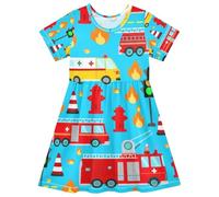 RPLIFE Robe de camion de pompiers à manches courtes pour petite fille, robe d'été bleue mignonne pour petite fille, 2 à 8 ans, Camions de pompiers mignons de dessins animés bleus, 5-6 Ans