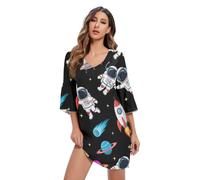 RPLIFE Robe noire élégante à col en V imprimée hawaïenne Motif astronaute spatial Rockets, Space Astronaute Rockets Noir, L