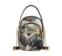 RPLIFE Sac à bandoulière matelassé avec motif chat amusant pour conduite de voiture, sac à main à bandoulière pour femme avec sangle de chaîne, petit sac à main de voyage pour téléphone et accessoires