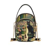 RPLIFE Sac à bandoulière matelassé motif nénuphars noir pour femme, petit sac à bandoulière avec chaîne et sangle en cuir, polyester durable avec plusieurs poches à fermeture éclair