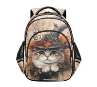 RPLIFE Sac à dos d'automne avec chapeau de sorcière chat mystique pour enfants de 8 à 14 ans, sac à dos élémentaire