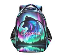 RPLIFE Sac à dos d'école pour garçons et filles avec nom personnalisé, sac à dos Aurora Wolf pour l'école primaire, Loup Aurore, 17 Inch, Sacs à dos traditionnels