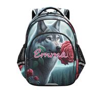 RPLIFE Sac à dos personnalisé avec loup rouge rose pour enfants de 6 à 12 ans Sacs à dos mignons personnalisés pour fille, Cool Wolf Red Rose, 15 Inch, Sacs à dos traditionnels