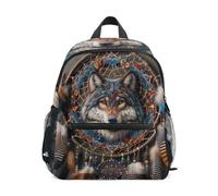 RPLIFE Sac à dos style bohème avec attrape-rêves loup pour tout-petits, garçons et filles, mini sac de voyage avec étiquette nominative, sac d'école, 3 à 8 ans