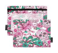 RPLIFE Sugar Skull Lillies Flowers Trousse à crayons rose à 3 trous avec fenêtre transparente, lot de 2 trousses à crayons à fermeture éclair pour garçons, fournitures scolaires pour enfants, 24 x 17