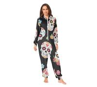 RPLIFE Sugar Skulls Combinaison pyjama une pièce douce et chaude pour adulte Motif crânes floraux Noir, Sugar Skulls Floral Noir-3, Large