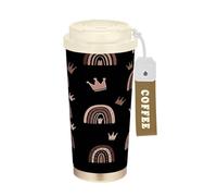 RPLIFE Tasse à café de voyage 40 ml avec paille et couvercle à ressort, revêtement en céramique isotherme à double paroi, motif couronnes arc-en-ciel, marron