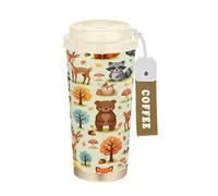 RPLIFE Tasse à café de voyage anti-fuite, avec paille et couvercle à filtre, revêtement en céramique isotherme en acier inoxydable, gobelet à café de voyage anti-fuite, motif animaux de la forêt