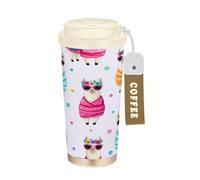 RPLIFE Tasse à café de voyage avec paille et couvercle à filet, en acier inoxydable, anti-fuite, pour bureau, école, fête, camping, motif lamas et couronnes de fleurs (40 ml)