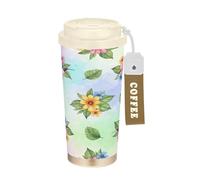 RPLIFE Tasse à café de voyage avec paille et couvercle à ressort, revêtement en céramique isotherme en acier inoxydable, anti-fuite, motif colibri, fleurs pastel, 40 ml