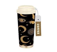 RPLIFE Tasse à café de voyage de 40 ml avec paille et couvercle à filtre, revêtement céramique isotherme en acier inoxydable, anti-fuite, yeux de lune, plumes dorées, noir