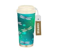 RPLIFE Tasse à café de voyage isotherme en acier inoxydable avec paille et couvercle à filtre, revêtement en céramique, libellules vert sarcelle, 40 ml