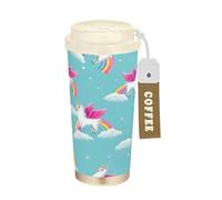 RPLIFE Tasse à café de voyage isotherme en acier inoxydable avec paille et couvercle à filtre, revêtement en céramique, 40 ml, motif lamas mignons et arc-en-ciel, bleu