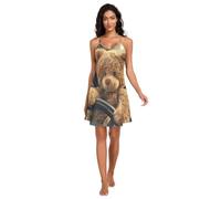 RPLIFE Teddy Bear Driving Car Robe de nuit en satin pour femme avec bretelles spaghetti réglables et col en V, Voiture de conduite ours en peluche, Large