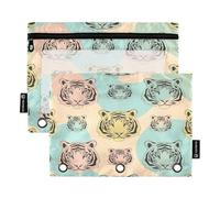 RPLIFE Tiger Portraits Pastel Lot de 2 pochettes à stylos à fermeture éclair pour l'école des enfants, pochette transparente pour garçons et filles, 24 x 17 cm (taille unique x 2)
