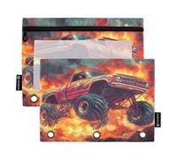 RPLIFE Trousse à crayons à 3 trous avec fenêtre transparente, lot de 2 pochettes à fermeture éclair pour filles, fournitures scolaires, 24 x 17 cm, Monster Truck
