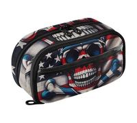 RPLIFE Trousse à crayons de grande capacité avec double fermeture éclair et poche en PVC transparent Motif drapeau américain crâne pirate