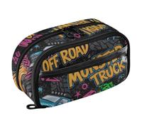 RPLIFE Trousse à crayons de grande capacité pour filles - Motif Monster Trucks colorés - Double fermeture éclair - Avec poche en PVC transparent