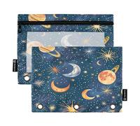 RPLIFE Trousse à crayons pour classeur à 3 anneaux, lot de 2 pochettes à fenêtre transparente, fournitures de rentrée scolaire, 24 x 17 cm, étoiles colorées, lunes, planètes, bleu