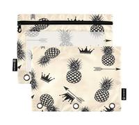 RPLIFE Trousse à crayons pour classeur à 3 anneaux, lot de 2 pochettes transparentes à fermeture éclair, fournitures de rentrée scolaire, 24 x 17 cm, couronnes d'ananas noires, beige