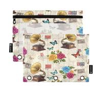 RPLIFE Trousse à crayons pour classeur à 3 anneaux, lot de 2 pochettes zippées avec fenêtre transparente, fournitures de rentrée scolaire, 24 x 17 cm, gramophone vintage orné de parisiens