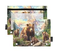 RPLIFE Wild Brown Bear Lot de 2 trousses à crayons pour l'école des enfants, pochette transparente à 3 anneaux pour garçons et filles, 24 x 17 cm