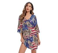 RPLIFE Wolves Us Flag Robe d'été décontractée à manches 3/4 avec col en V Bleu, Wolves Us Drapeau Bleu, Taille XL