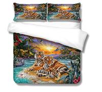 RQXRTR Housse De Couette 240X260cm Adulte 3D Imprimé Tigre Animal De Plage 3 Pièces Parure De Lit en Microfibre, Parure De Couette 2 Personnes avec Fermeture Éclair Et 2 Taies d'oreiller 65X65 cm
